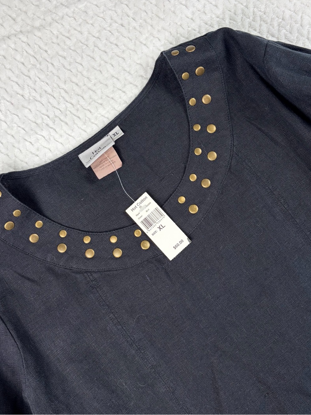 Hot Cotton Black Linen Blouse Gold Stud Scoop Neck 3/4 Sleeve Shirt NWT Size XL